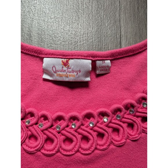 Quacker Factory 1X Pink Cotton Blend Top W/ Embellished Looped Neckline - Picture 4 of 4